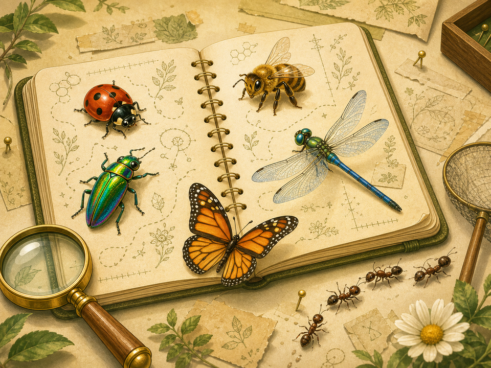 Bug Field Journal pack cover with illustrated insects on an open notebook
