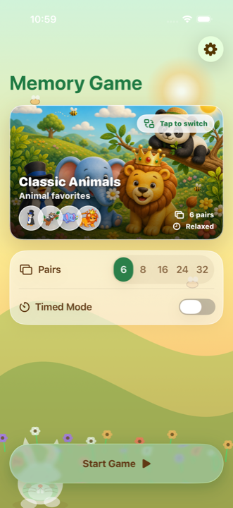 Memory Game setup view showing pack selection, board size options, timer, and start button